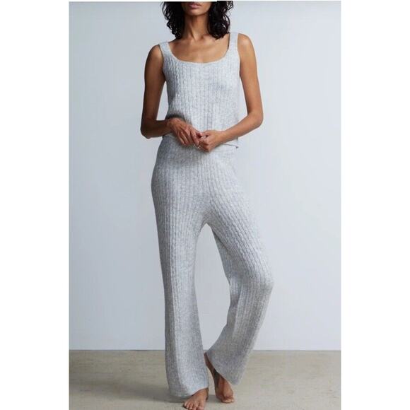New York & Co Knit Lounge Set Sz XL Cableknit Soft Grey Tank Wide Leg Pants New - Picture 2 of 16